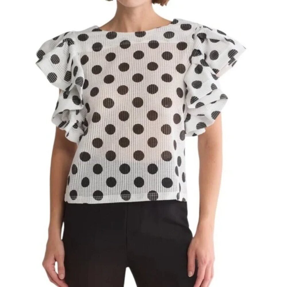 Gracia White Polka Dot Ruffle Short Sleeve Mesh Top  Sz: S